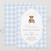 Blue Gingham Teddy Bear Beary First Birthday Einladung (Vorne/Hinten)