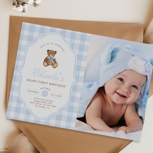 Blue Gingham Teddy Bear Beary First Birthday Photo Einladung