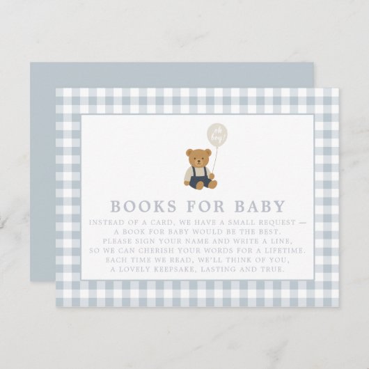 Blue Gingham Teddy Bear Books for baby card Einladung (Vorne/Hinten)