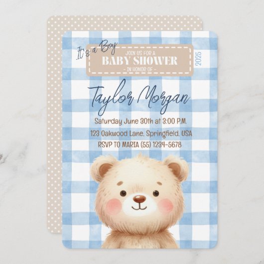 Blue Gingham Teddy Bear Einladung (Vorne/Hinten)
