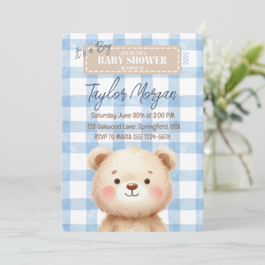 Blue Gingham Teddy Bear Einladung (Stehend Vorderseite)