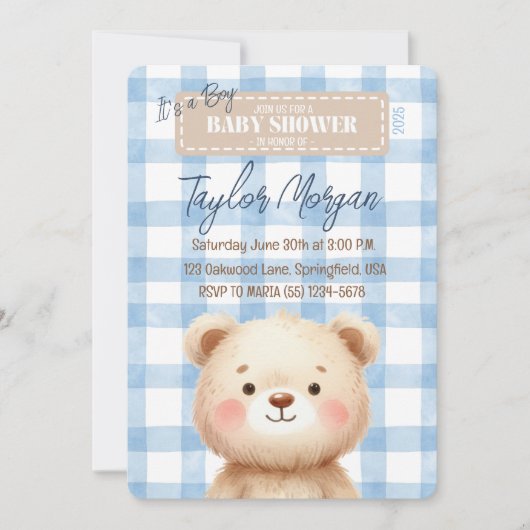 Blue Gingham Teddy Bear Einladung (Vorderseite)