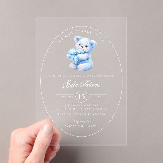 Blue Gingham Teddy Bear Neutral Baby Shower Acryleinladungen (Insitu (Handheld))