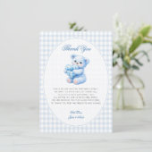 Blue Gingham Teddy Bear Neutral Baby Shower Einladung (Stehend Vorderseite)