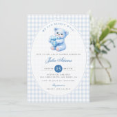 Blue Gingham Teddy Bear Neutral Baby Shower Einladung (Stehend Vorderseite)