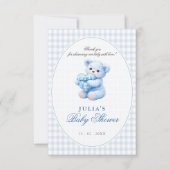 Blue Gingham Teddy Bear Neutral Baby Shower Einladung (Vorderseite)