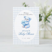 Blue Gingham Teddy Bear Neutral Baby Shower Einladung (Stehend Vorderseite)