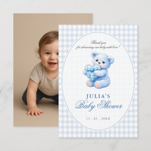 Blue Gingham Teddy Bear Neutral Baby Shower Einladung (Vorne/Hinten)