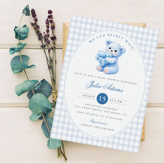 Blue Gingham Teddy Bear Neutral Baby Shower Einladung