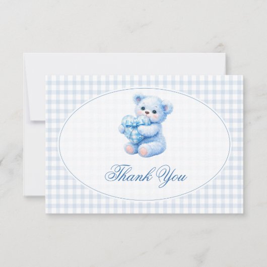 Blue Gingham Teddy Bear Neutral Baby Shower Einladung (Vorderseite)