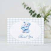 Blue Gingham Teddy Bear Neutral Baby Shower Einladung (Stehend Vorderseite)