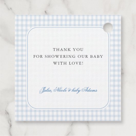 Blue Gingham Teddy Bear Neutral Baby Shower Geschenkanhänger (Rückseite)