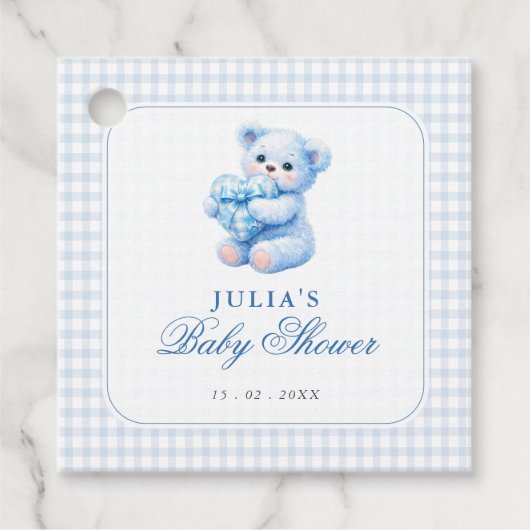 Blue Gingham Teddy Bear Neutral Baby Shower Geschenkanhänger (Vorderseite)