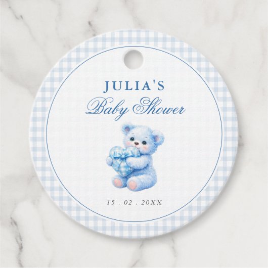 Blue Gingham Teddy Bear Neutral Baby Shower Geschenkanhänger (Vorderseite)