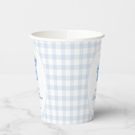 Blue Gingham Teddy Bear Neutral Baby Shower Pappbecher (Links)