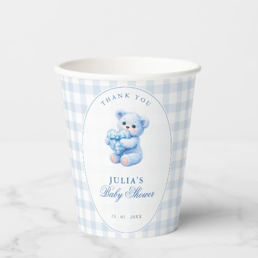 Blue Gingham Teddy Bear Neutral Baby Shower Pappbecher (Vorderseite)