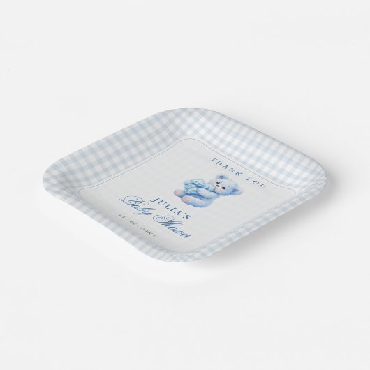 Blue Gingham Teddy Bear Neutral Baby Shower Pappteller (Gewinkelt)