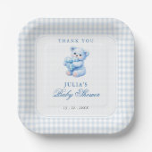 Blue Gingham Teddy Bear Neutral Baby Shower Pappteller (Vorderseite)