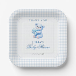 Blue Gingham Teddy Bear Neutral Baby Shower Pappteller