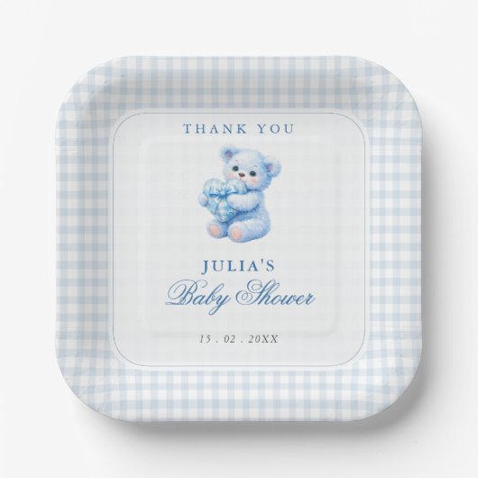 Blue Gingham Teddy Bear Neutral Baby Shower Pappteller (Vorderseite)