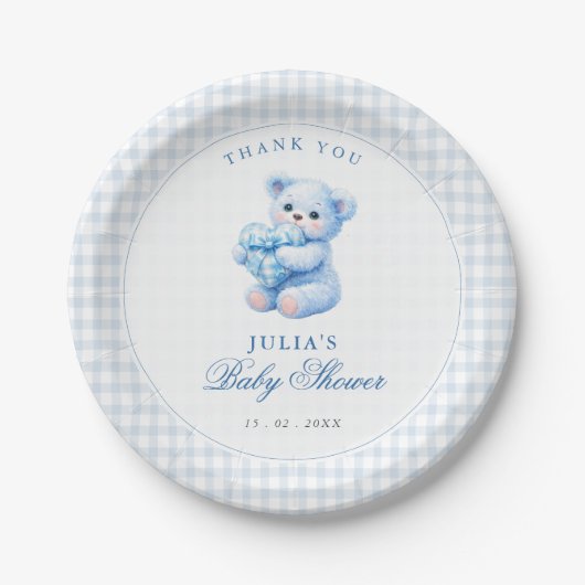 Blue Gingham Teddy Bear Neutral Baby Shower Pappteller (Vorderseite)