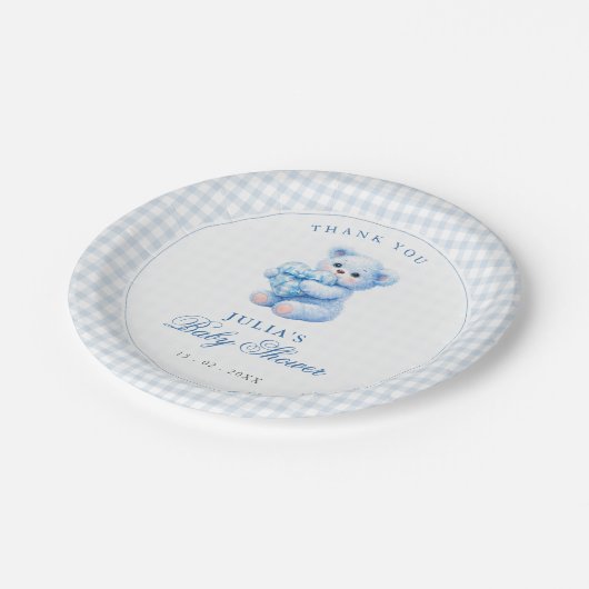 Blue Gingham Teddy Bear Neutral Baby Shower Pappteller (Schrägansicht)