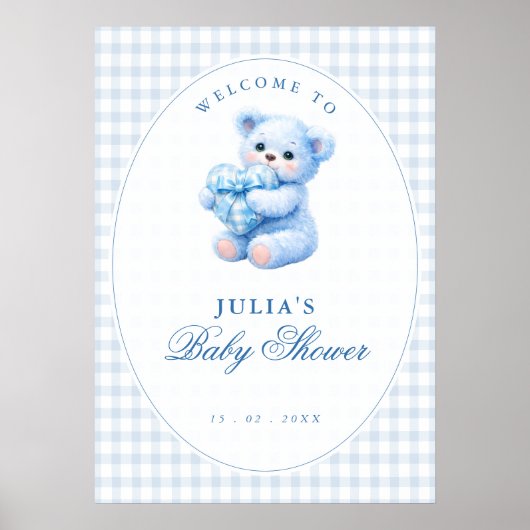 Blue Gingham Teddy Bear Neutral Baby Shower Poster (Vorne)