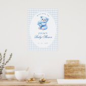 Blue Gingham Teddy Bear Neutral Baby Shower Poster (Küche)