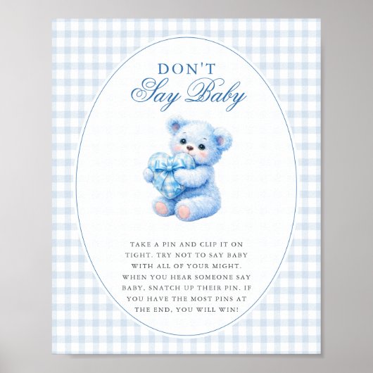 Blue Gingham Teddy Bear Neutral Baby Shower Poster (Vorne)