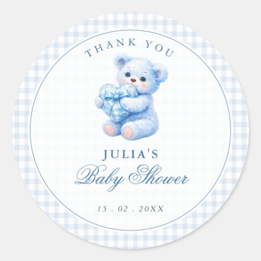 Blue Gingham Teddy Bear Neutral Baby Shower Runder Aufkleber (Vorderseite)