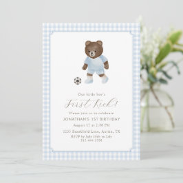 Blue Gingham Teddy Bear Soccer First Kick Einladung
