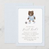 Blue Gingham Teddy Bear Soccer First Kick Einladung (Vorne/Hinten)