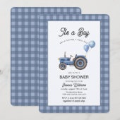 Blue Gingham Tractor Balloon Baby Shower  Einladung (Vorne/Hinten)
