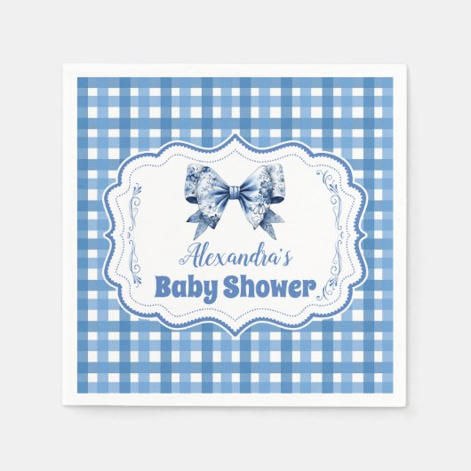 Blue Gingham und Bow Baby Shower Serviette (Vorderseite)