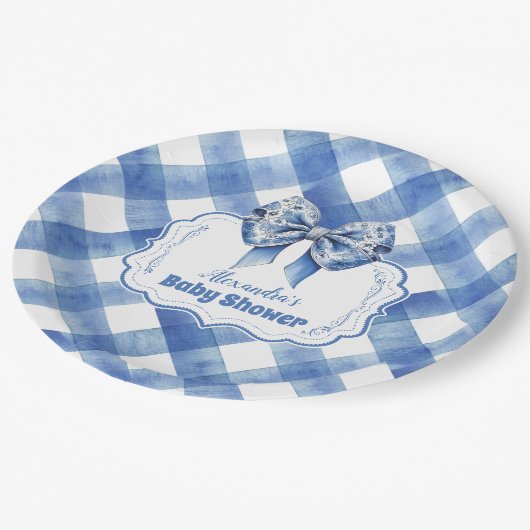 Blue Gingham und Bow Pappteller (Schrägansicht)