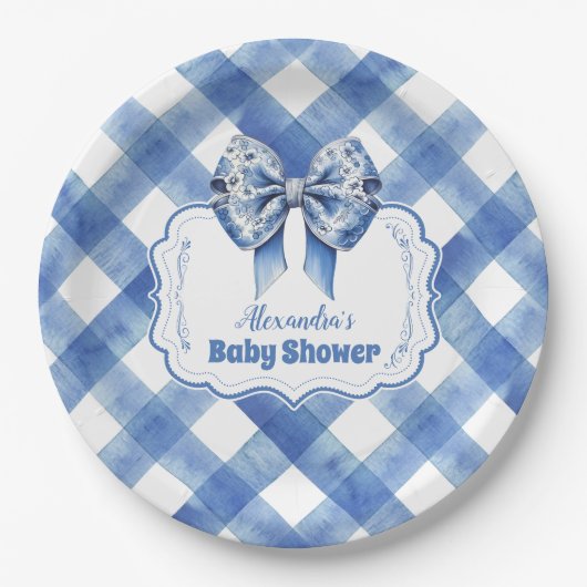 Blue Gingham und Bow Pappteller (Vorderseite)