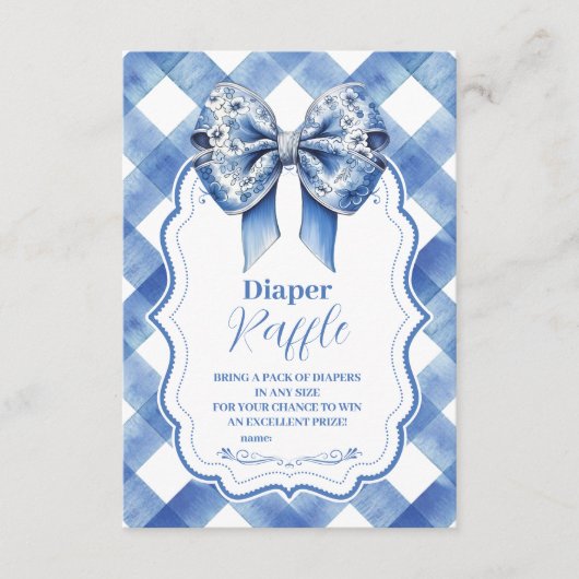 Blue Gingham und Bow Raffle Diapper Enclos Begleitkarte (Vorderseite)
