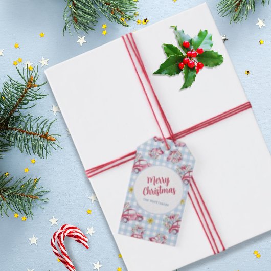 Blue Gingham Vintag Red Christmas Cars Geschenkanhänger