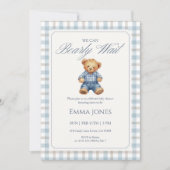 Blue Gingham We Can Bearly Wait baby shower Einladung (Vorderseite)