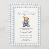 Blue Gingham We Can Bearly Wait baby shower Einladung (Vorne/Hinten)