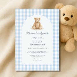 Blue Gingham We Can Bearly Wait Baby Shower Einladung