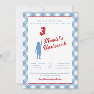 Blue Gingham with Red Balloon Upsherin Photo Einladung