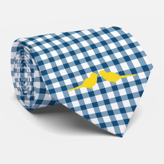 Blue Gingham Yellow Love Birds Grooms Krawatte (Gerollt)