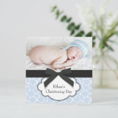 Blue Giraffe Baby Boy Foto Christening Einladung (Stehend Vorderseite)