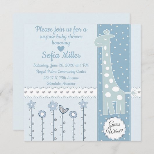 Blue Giraffe Baby Dusche Einladung (Vorne/Hinten)