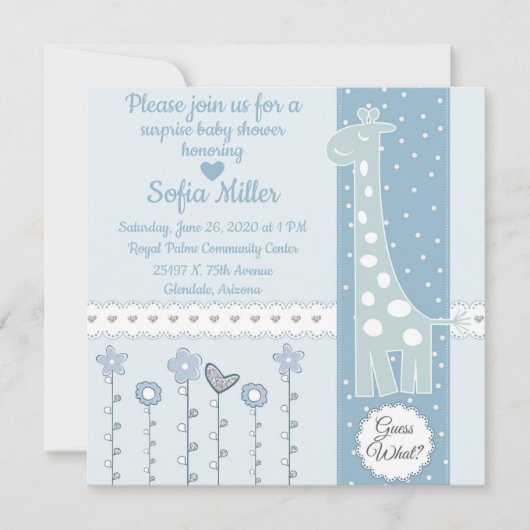 Blue Giraffe Baby Dusche Einladung (Vorderseite)