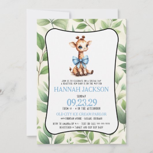 Blue Giraffe Baby Dusche Einladung (Vorderseite)