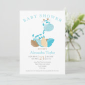 Blue Giraffe Baby Dusche Personalisiert Einladung (Stehend Vorderseite)