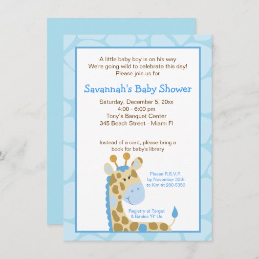 Blue Giraffe Boy Baby Shower Einladung (Vorne/Hinten)