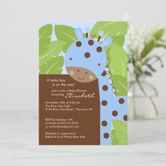 Blue Giraffe Boy Baby Shower Einladung (Stehend Vorderseite)